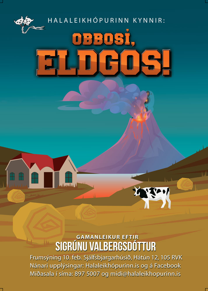 Veggspjald leikritsins Obbosí, eldgos!